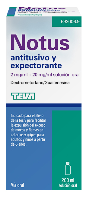 NOTUS ANTITUSIVO Y EXPECTORANTE 2 mg/ml + 20 mg/ml Solución Oral. 200 ml
