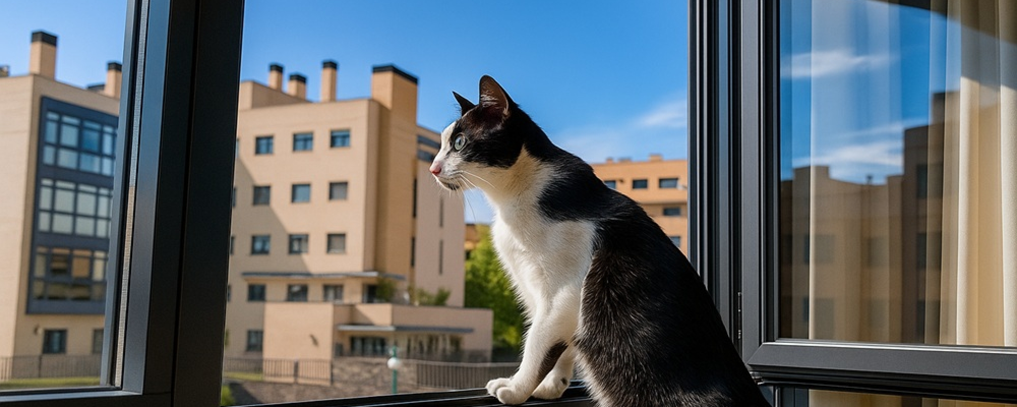 gato asomado a ventana abierta