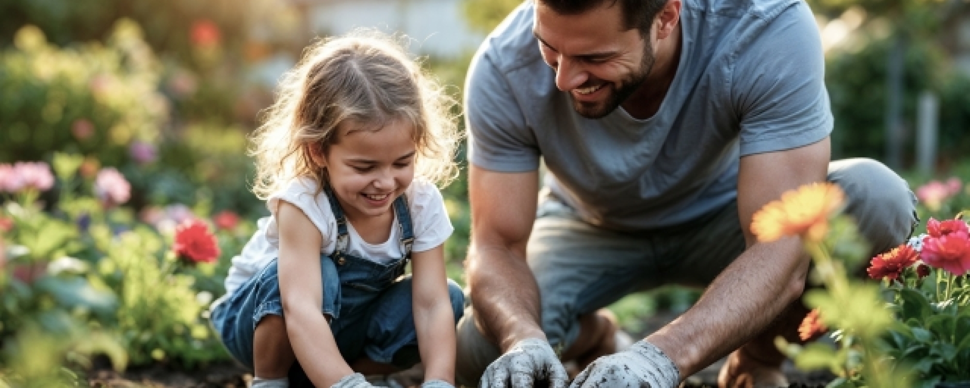 padre e hija jugando con plantas